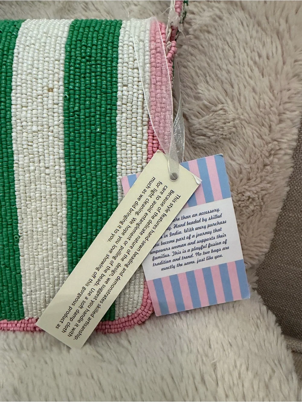 Viral TJ Maxx Beaded Bag Pink & Green Striped With Beaded Pink Charm